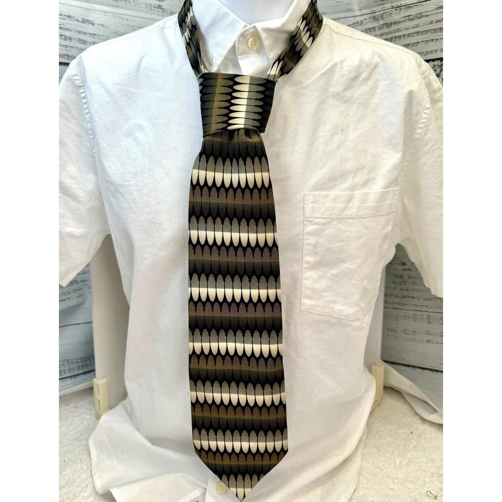 Mosaic VTG Silk Tie 60"x4" Geometric Mod Black Gold Brown‎ Handmade Korea